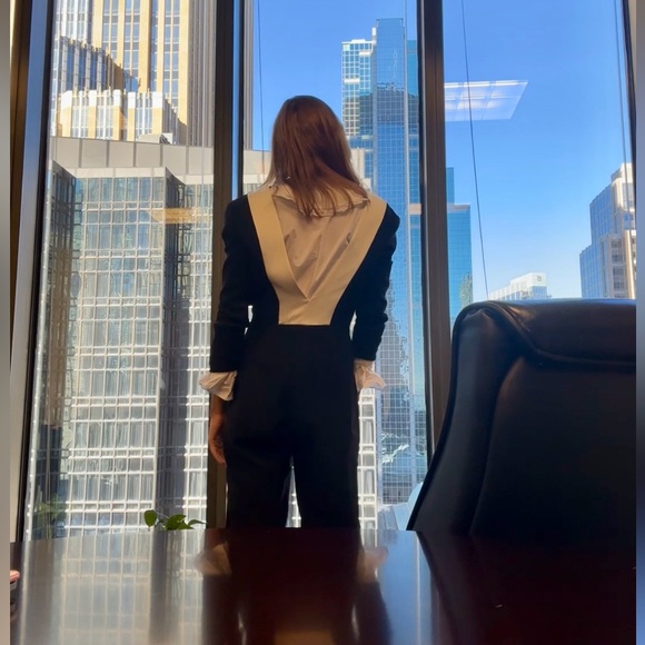 Deep Plunge Jumpsuit Long Sleeve Navy White Workwear - Night Out 🤍 Rachel Zoe - Picture 3 of 9